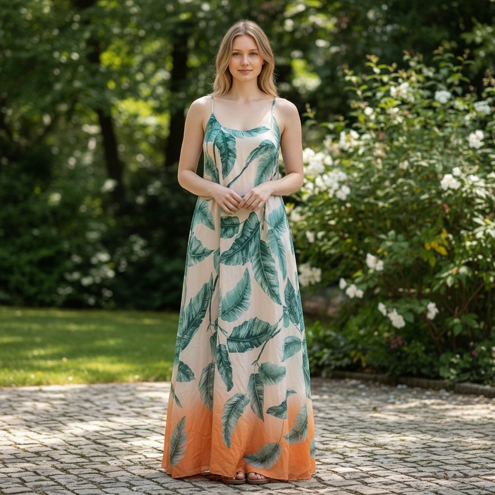 Forever 21 Contemporary Maxi Dress Womens S Peach Teal Tropical Palm Excellent